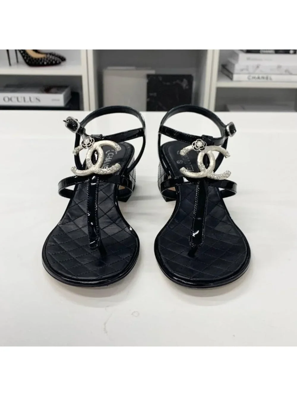 Chanel CC Logo Camellia Patent Strap Thong Sandals Black